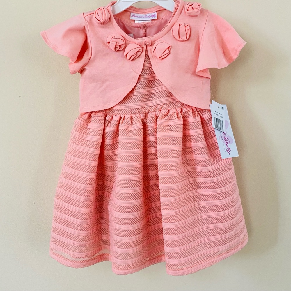 BONNIE BABY Emmie Knit Party Dess Cardigan Salmon Pink 24 Months Pageant Easter - Picture 6 of 16